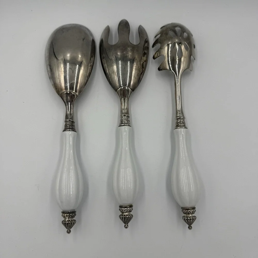 Three Piece Elegant Godinger Silver Plate Serving Set White Porcelain Handle